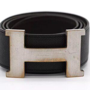 HERMÈS 95 H Guillochee Buckle Reversible Belt Noir/Silver Leather Strap